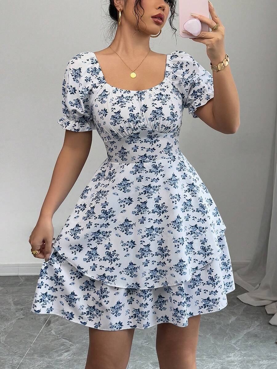 Rafferiza 休闲可爱碎花松紧腰圆领荷叶边下摆短袖女式连衣裙