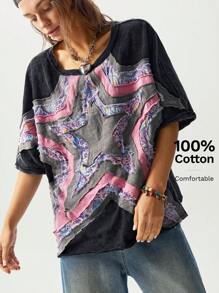 Bohemela BOHO Women's Casual Knitted Embroidered Star Pattern Round Neck Short Sleeve Loose Washed T-Shirt - Black - View 1