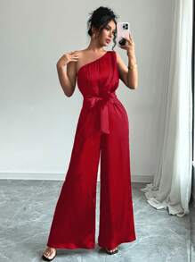 SHEIN PETITE 优雅、日常休闲、斜肩款式、松紧腰带、缎面材质、女式连体裤/连身裤适合派对、日常约会、情人节、节日穿着 - 紅色 - 查看 3