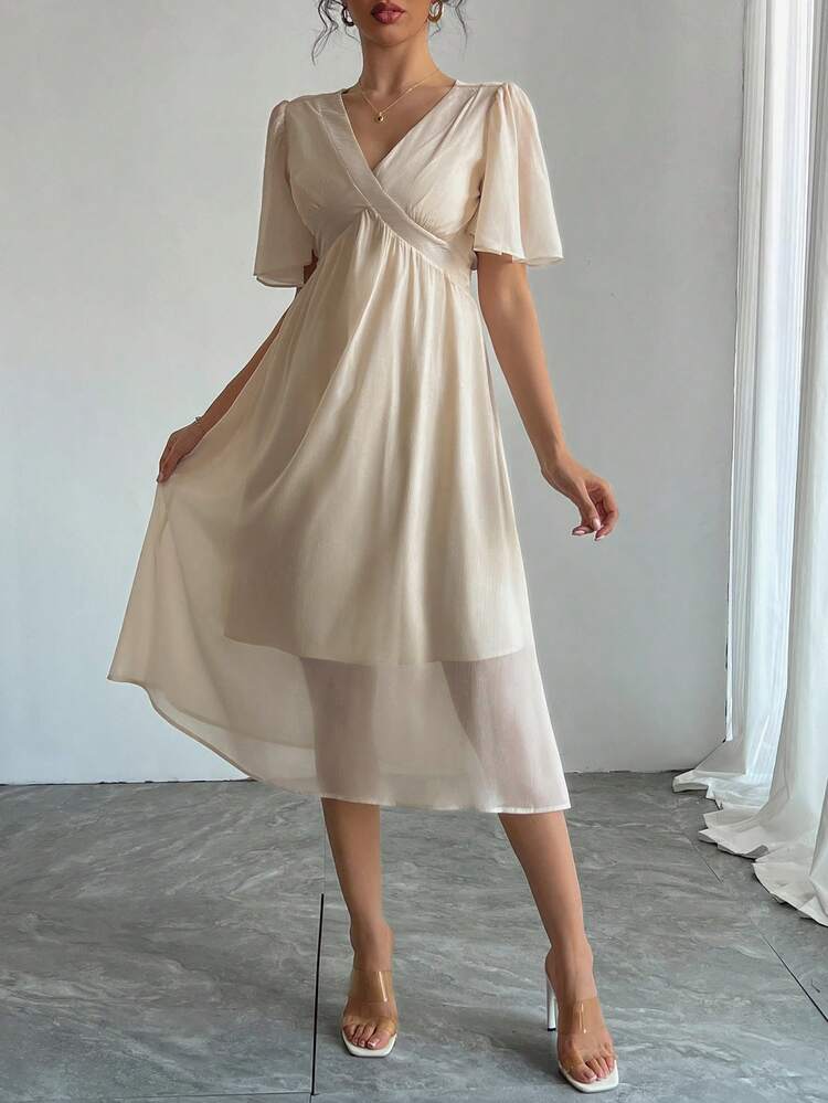 Women Deep V-Neck Patchwork Waist Solid Chiffon Dress, Suitable For Dates & Night Wear Prom Dress Maxi Dress