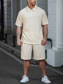 Manfinity Homme Plus Size Men Solid Color Short Sleeve Polo Shirt And Shorts Set - Apricot - View 4