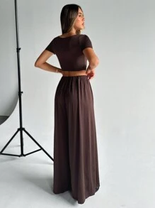 SHEIN Essnce Summer Simple Short Sleeve Tee & Wide Leg Pants Two Pieces Outfit - Coffee Brown - View 3