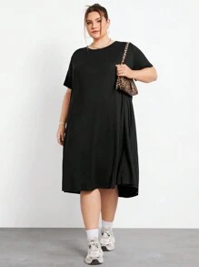 SHEIN CURVE+ Loose Fit Super Plus Size Comfortable Stretchy Long Short Sleeve Black Casual Dress, Basic Versatile Summer