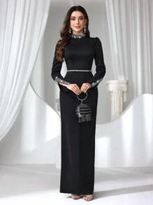 Coutiva 女士水钻和人造珍珠装饰长款正式晚礼服，黑色婚礼宾客礼服，派对礼服，长袍 - 黑色 - 查看 7