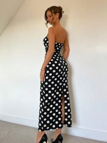 Chiquease Frauen Schwarz & Weiß Polka Punkt Trägerkleid mit Schlaufe, Ausschnitt und Schlitz, Frühling/Sommer - Schwarz - Übersicht 2