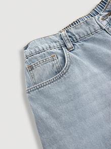 SHEIN Tall CURVE 大码休闲松紧腰直筒洗水牛仔裤，宽松牛仔裤，圣诞女装堆叠女式牛仔裤 - 淺色水洗藍 - 查看 3