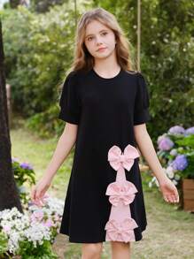 SHEIN Tween Girls' Knitted 3D Bow Puff Sleeve A-Line Dress, Sweet Elegant Style - Black - View 3