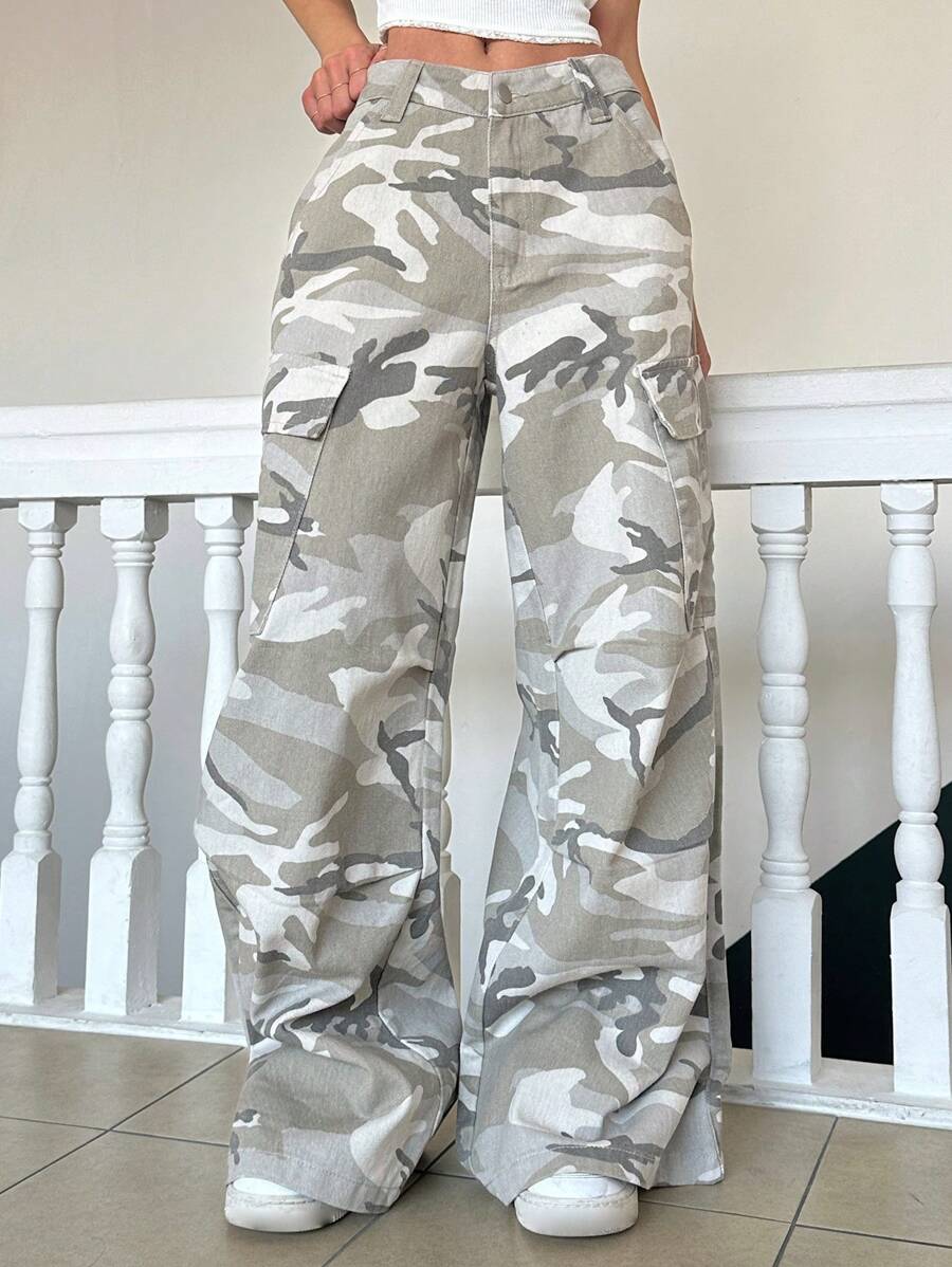 DAZY 宽松迷彩直筒女式休闲工装牛仔裤 - 杏色 - 查看 1