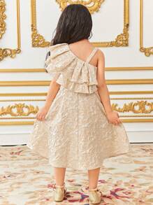 SHEIN Fitted Cute Asymmetric Neck Ruffle Trim Short Sleeve Skater Dress For Young Girl - Apricot - View 2