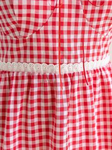 Soleia Plus Size Women's Boho Vacation Rustic Romantic Red Plaid Sweetheart Neck Ruffle Short Sleeve Waisted A-Line Dress, For Summer - Multicolor - View 6