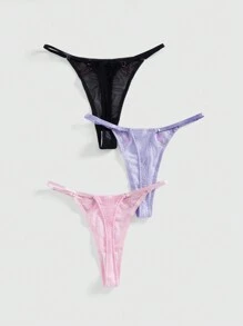 ROMWE Fairycore Set de 3 tangas para mujer con insertos de malla y bordado floral romántico
