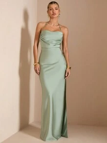 SHEIN BAE Sexy Backless Halter Green Satin Dress With Tie, Spring/Summer, Bridesmaid Dress, Satin Dress, Sexy Dress