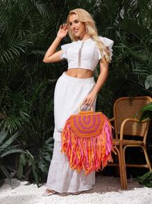 SHEIN SXY Dames, Dames Handtas met Handvat, Strozak, Modieus, Elegant, Eenvoudig, Gepersonaliseerd, Veelzijdig, Vlechten, Kwastjes, Stro, Veelkleurig, Voor Strand, Vakantie, Zomer, Aan Zee