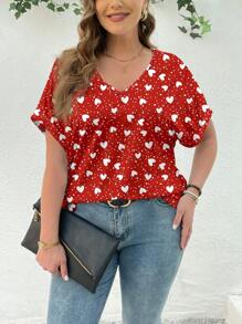 SHEIN Essnce Camiseta holgada de manga corta para mujer de talla grande con gráfico de corazón a lunares, apta para el verano - Blanco - Ver 3