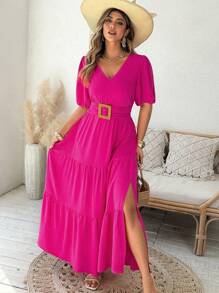 SHEIN LUNE Plus Size Hot Pink Maxi Dress For Women: Summer Vacation Tiered Dress With V-Neck And Belt - Hot Pink - View 3