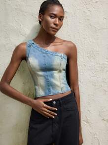 Maija 女装牛仔上衣 复古蓝 斜肩 春夏牛仔上衣 - 中等水洗藍 - 查看 6