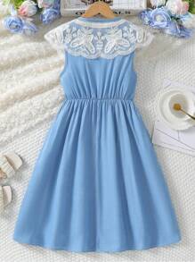Tween Girls Embroidered Ruffle Collar Tiered Denim Dress, Casual & Comfortable Stylish Look For Summer - Blue - View 2