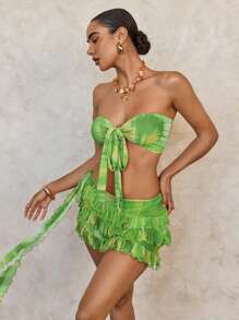 SHEIN Swim Basics Women Sexy Tie-Dye Tie Dye Print Bandeau Bikini Set, For Summer Beach Vacation - Cadet Blue - View 5