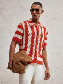 AKNOTIC Party Men Knitted Fitted Turndown Collar Short Sleeve Casual Cardigan Fall Sweater, Suitable For Daily Wear - Red and White - View 5