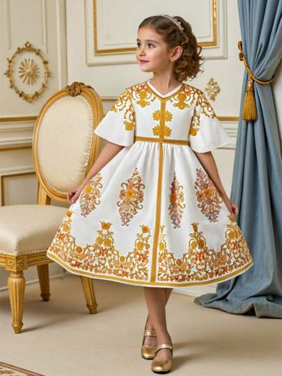 SHEIN Young Girl Golden Folk Flower Print Short Sleeve Dress, Elegant For Party Events