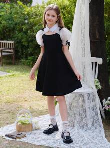 WESTFADE Young Tween Girls' Black Cinched Waist Hollow Mesh Puff Sleeve Bowknot Elegant Sweet Style Dressesholiday,Summer,Travel,Getaway