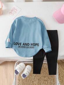 SHEIN 女婴可爱字母印花不对称针织上衣配松紧腰裤套装，秋冬