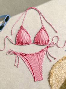 Swim Mod Women's Striped Nautical Style Splice Frill Trim Halter Tie Side Bikini Set, For Summer Beach Vacation - Red and White - View 5