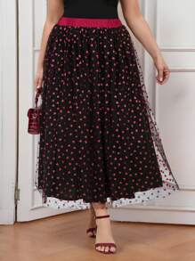 SHEIN Clasi Plus Size Elegant Heart Net Mesh Long Skirt Valentines/Valentine's Day - Black - View 1