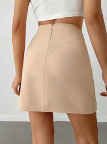 SHEIN PETITE Women's Button Detailed Pleated Skirt - Apricot - View 2