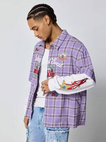 ROMWE MEN Prep 男式前扣格子拼接长袖休闲衬衫