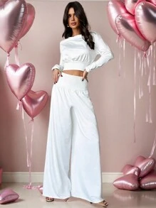 Firerie Festival 2pcs Set: Elegant Casual Loose Fit Round Neck Blouse & High Waist Ruched Wide Leg Pants, Versatile Loungewear/Athleisure Outfit For Spring/Summer, Valentine's Day