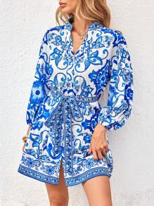 Vivid Eden Woven Printed Short Sleeve Loose Mini Dress For Women,Summer Clothing,Vacation Style,For Beach Vacation - Blue and White - View 1