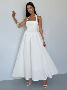 Aloruh Women's Sexy And Elegant French Solid Square Neck Halter Backless Fit And Flare White Maxi Dress Women Summer Dresses For Women Women White Dress White Dresses For Women Beach Outfits For Woman