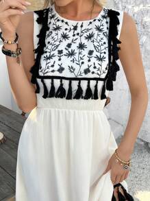 Chiquease Women's Round Neck Chiffon Fabric Contrast Floral Embroidered Tassel Decor Cinched Waist Comfortable Elegant Sweet Vacation Dress - Beige - View 6