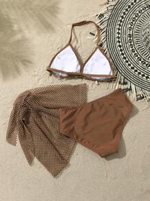 SHEIN Tween Girl 3pcs/Set Swimwear With Brown Shell Triangle Bikini Set, Beach Outfit - Brown - View 2