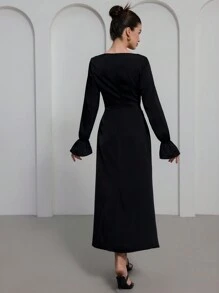 SHEIN Unity 优雅复古法式方领收腰荷叶边超长女式连衣裙 - 黑色 - 查看 2