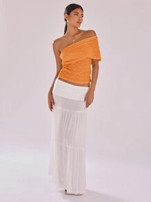 MUSERA Textured Mesh Detail Asymmetrical Neck Cap Sleeve Top Casual Vacation Top Holiday Festival Night Out Going Out Tops Club Fall Summer Spring - Orange - View 4