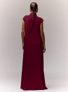 MUSERA High Neck Longline Split Front Top Vacation Fall Autumn Spring Summer Holiday - Burgundy - View 2