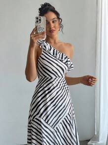 DAZY Vestido midi de mujer con hombros asimétricos oblicuos, parches a rayas, vestido de verano de graduación, vestidos formales de mujer