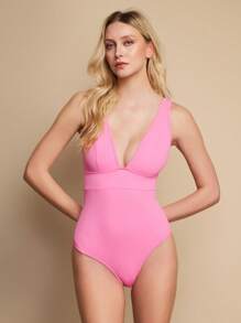 Elegant Solid Deep V-Neck Backless Bodysuit For Women - Pink - View 3