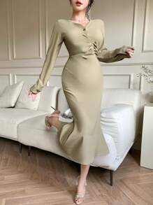 DAZY Vestido midi asimétrico drapeado liso para mujeres