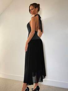 SHEIN Unity Elegantes Midikleid mit V-Ausschnitt und Schleife am Hals für Damen - Schwarz - Übersicht 2