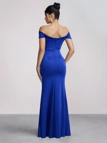 SHEIN Belle Vestido de Festa Formal Elegante de Ombros de Fora Manga Curta Azul Royal com Aplicações de Strass, Fenda Lateral, Vestido de Convidado de Casamento, Vestido de Festival de Música Primavera/Verão, Vestido de Festa - Azul Marinho - Visão 2
