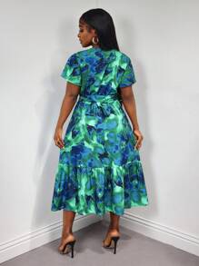 SHEIN LUNE Women V-Neck Printed Pattern Short Sleeve Dress - Multicolor - View 2