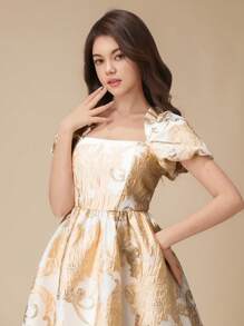 伴娘花卉印花泡泡袖 A 字短裙，适合少女、婚礼、联欢会、生日派对和典礼 - 香檳色 - 查看 6