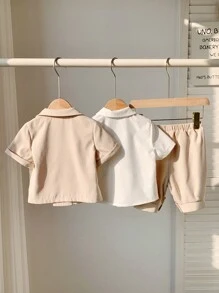 SHEIN Leap Crew 3pcs Baby Boy Outfit Set: Decorated Bowtie Collar Shirt, Elastic Waist Shorts And Notched Collar Short Sleeve Blazer - Apricot - View 2