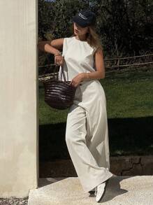 Livesso Women Spring & Summer Casual Vacation Waistcoat Two-Piece Set - Beige - View 5