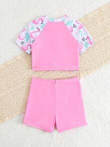 Young Girl Solid Color Splicing Front Button Short Sleeve Bikini Swimwear Set