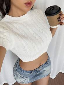 Chiquease Casual Fitted Hem Round Neck Short Sleeve Textured Knit Top, Spring Autumn