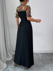 Rafferiza Sexy Embroidered Floral Mesh Patchwork Solid Color Slim Fit Dress, European And American Style - Black - View 2